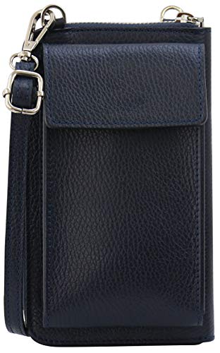 SH Leder Damen Handytasche Umhängetasche Geldbörse Multifunktion Beutel aus Echtleder Verstellbar Schultergurt Handy bis 6,8 Zoll 11,50x19cm Sarah G339 (Dunkelblau)