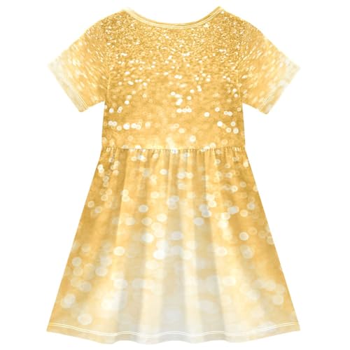 Sparkle Gold Glitter Girls Dress Short Sleeve Dress Girls' Summer Sundress 5-6T2