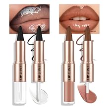 KYDA 2 Pcs Dual-Ended Brown Lip Liner Combo, Nourishing Lip Gloss with Brown Lips Liner for Women, Moisturizing High Shine Mirror Lips Glaze, Long Wear Lipstick Makeup, 01+06