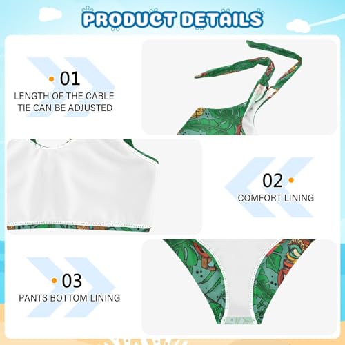 QUGRL Tiki Idols Palm Leaves Girls Swimsuit Bikini Set Green Summer Tropical Kids Bathing Suits for Girls 2 Piece Bowknot Swimwear Tankini Hawaiian 7-8 Years3