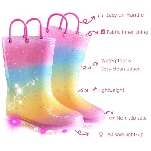 Toddler Rain Boots for Girls Boys, Kids Rain Boots Light Up Glitter Boot Waterproof Shoes with Easy on Handles2