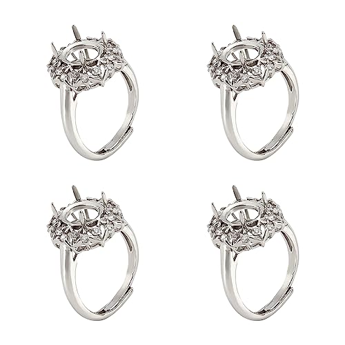 NBEADS 4 Pcs Claw Ring Blank, 17.3mm Adjustable Brass Bases Platinum Finger Components Micro Pave CZ Round Setting for DIY Jewelry Making, Tray: 10x8mm Silver Flower,ZIRC-NB0002-06P-US6
