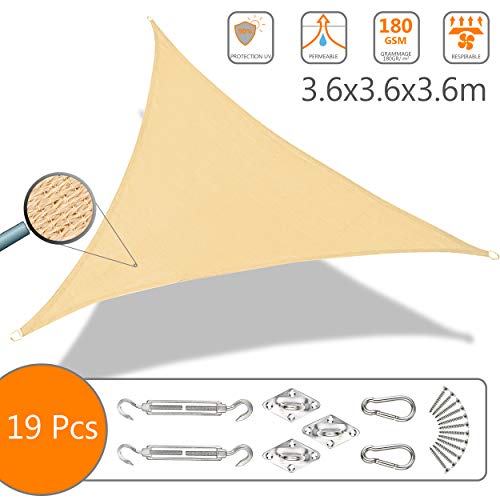 VOUNOT Toldo Vela de Sombra Triangular 3.6 x 3.6 x 3.6 m, Incluye 19 Kits de Montaje, Protección Rayos UV y HDPE Transpirable, para Exterior, Jardin, Patio, Beige