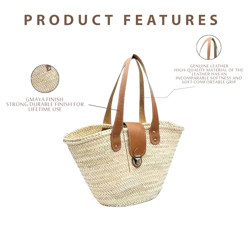 Bolso de paja con asas de cuero estilo canasto francés miniatura 4