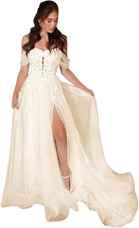 Off Shouler Lace Applique Tulle Wedding Dresses for Bride A-Line Wedding Ball Gowns with Slit