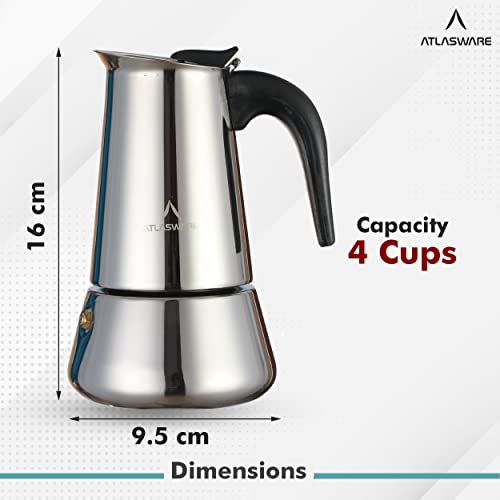 Image of Atlasware Stainless Steel Coffee Maker | Filter Coffee Black Tea Pot Compatible with Induction, Gas Stove | Durable Compact BPA Free Espresso Percolator for Home, Kitchen and Travel (Silver, 4 Cup)