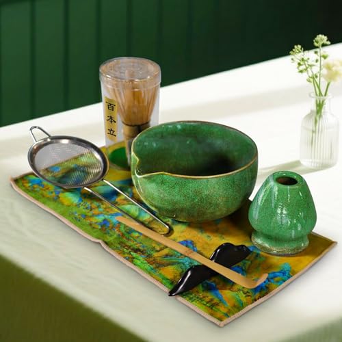Qxeutm Matcha Set 7-teiliges Premium Matcha Tea Set mit Matcha Schale mit Ausgießer & Bambus-Chasen (100+ spitzen), Halter, Löffel, Sieb, Sacktuch, Komplettes ceremonial Matcha Starter Set (Grün)