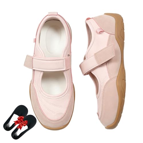 Image of Women's Comfort Mary Jane Trainers, Adjustable Strap Soft Walking Shoes for Women, Fashion Ballet Sneakers Wide Toe Flat Shoes (Pink,4)