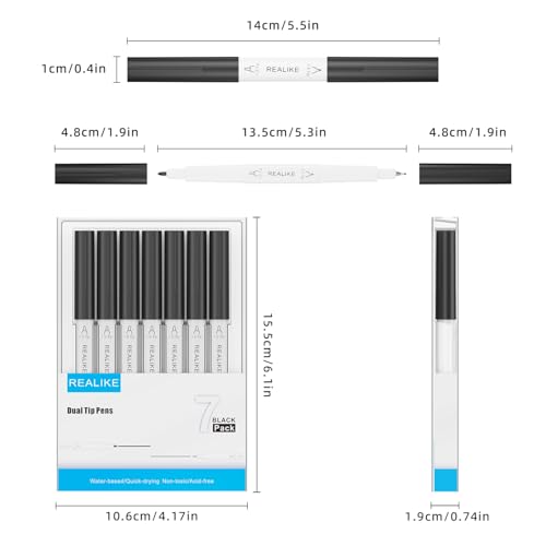 REALIKE Dual Tip Pens Compatible with Cricut Maker 3/Maker 4/Maker/Explore 3/4/Air 2/Air, Black Pens Set of 7 Pack Dual Tip Marker Fine Point Pen Writing Drawing (0.4 Tip & 1.0 Tip)