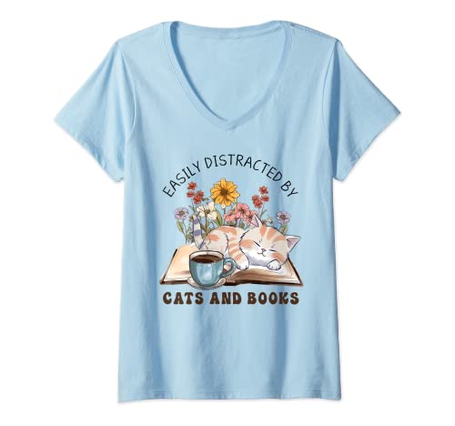 Mujer Fácilmente distraído por libro gatos camisa gato café libro lectura Camiseta Cuello V