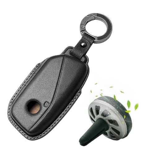 Image of Keyzone Premium Leather Key Cover & AC Vent Car Perfume Combo (4 Fragrances) | Compatible for BMW 7 Series 740i 760i X1 X7 XM IX I7, X5 2023 Onwards 4 Button Smart Key (Black)
