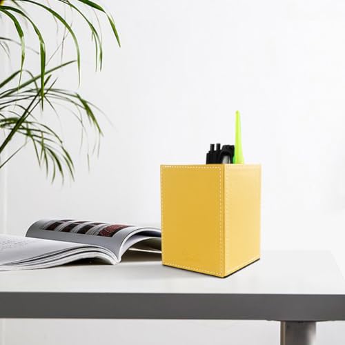 Image of Pen Pencil Holder Cup Container PU Leather Desk Organizer Stand Decor Brush Scissor Holder Decoration Office Desk Home School (Yellow, 3.54 inch x 3.54 inch x 4.72 inch)