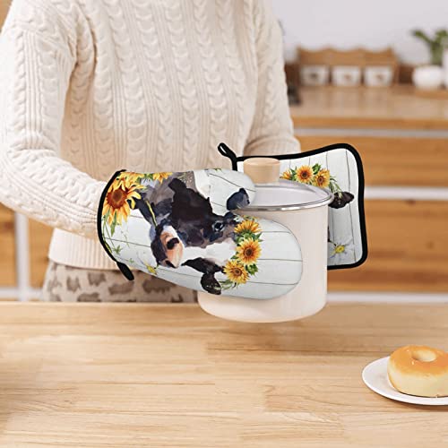 Sunflower Highland Cow Kitchen Accessories Oven Mitts And Pot Holders Sets Of 4, Anti Scald Hot Pads And Heat Resistant Oven Gloves Set Potholders For Kitchen Cooking Baking Grilling #TOP1