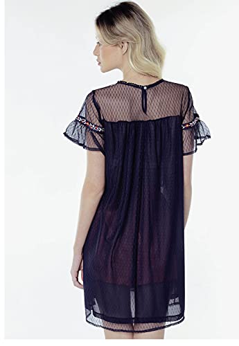 Vestido Saída de Praia com Bordado Sob Manga Curta Azul Marinho (M)