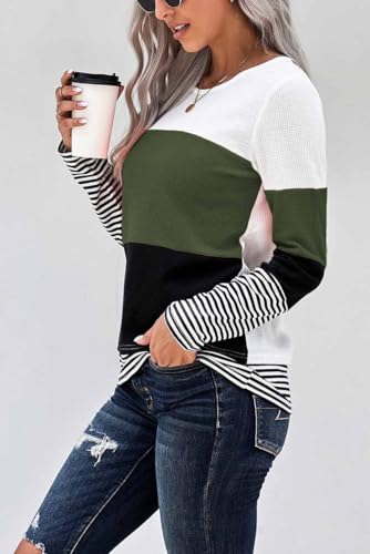 NEYOUQE Womens Color Block Waffle Loose Long Sleeve T Shirts Casual Comfy Tops Tee Shirt Women's Tunics2