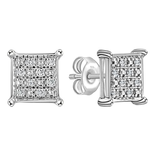 Dazzlingrock Collection 0.10 Carat Round White Diamond 8mm Square Hip Hop Iced Out Studs in 925 Sterling Silver, Unisex Design Ladies, Mens Real Diamond Earrings