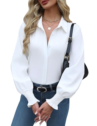 Zeagoo Womens Button Down Shirts Smocked Cuffed Blouses Printed Lantern Shirt Long Sleeve Tops Casual Collar Business Fashion