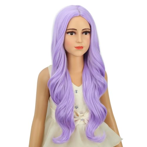 Image of Lavender Purple Wig Long Light Purple Wavy Curly Wig Middle Part Wigs Heat Resistant Synthetic Wigs with Cap (Small Size)