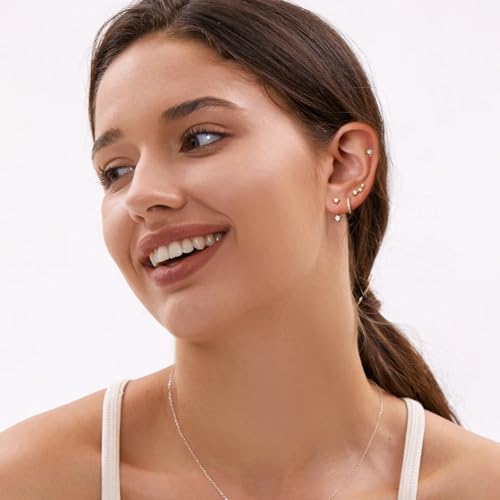 6 Pairs 14K Gold Plated Stud Earrings for Women, Hypoallergenic Cartilage Earrings for Multiple Piercing, Dainty Small Stackable Earrings Jewelry Set3