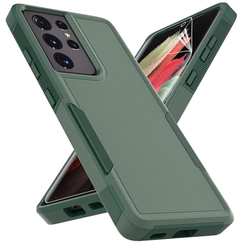 for Samsung Galaxy S21 Ultra Case: Dual Layer Protective Heavy Duty Cell Phone Cover Shockproof Rugged with Screen Protector - Military Protection Bumper Tough - Samsung Galaxy S21 Ultra, Dark Green