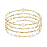 Pymach Delicadas pulseras de cuentas de cristal de perlas doradas para mujer, chapadas en oro real de 14 quilates, pulseras de cuentas de cristal de perlas apilables con clip de papel, pulseras de oro
