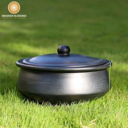 Swadeshi Blessings HandMade Exclusive Range Unglazed Clay Handi/Earthen Kadai/Clay Pot For Cooking & Serving with Lid, 2.8Liters (With Natural White Firing Shade & Mirror Shine) (Black) by SWADESHI BLESSINGS - Image 3