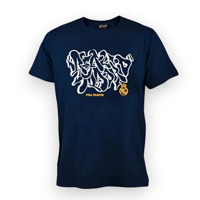 Real Madrid Camiseta Deportiva con Diseño Graffiti, Azul Marino, Logo Oficial del Club (FR/ES, Letras, M, Regular, Regular, Azul Marino)