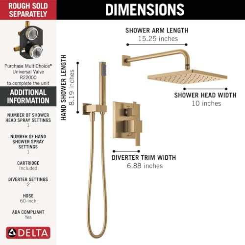 Image of Delta Modern 14 Series Square Rain Shower System Faucet Set, Rainfall Brushed Gold Shower Head and Handle Set, Valve Trim Kit, 10 Inch, Champagne Bronze T342701-CZ (Valve Not Included)
