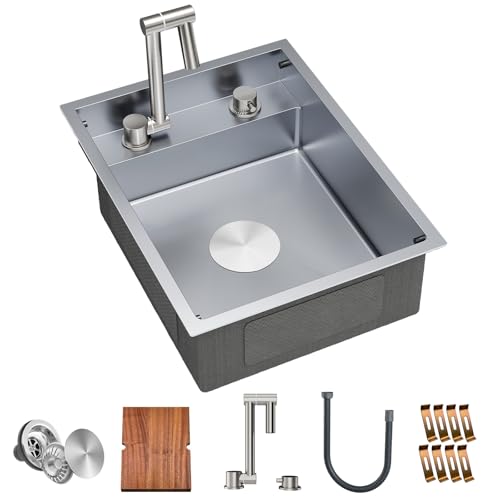 TORVA RV Kitchen Sink, 16 x 21 x 7 Inch Undermount Bar Sink 16 Gauge Stainless Steel Single Bowl Sink with Foldable Faucet Cutting Board, Grey by TORVA - Used condition - US$197.99