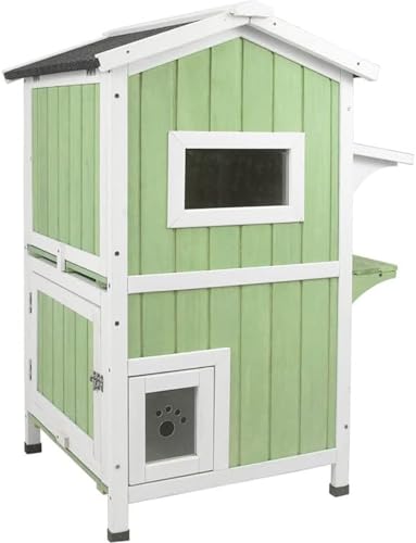 PetsCosset Outdoor Cat House Shelter Weatherproof, Two Story Wooden Outside Feral Cat House with Openable Roof, Escape Door