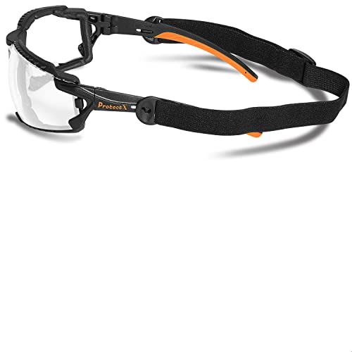 ProtectX Safety Glasses Foam Lens Wrap w Strap, Scratch Resistant Anti Fog Polycarbonate Lenses ANSI Z87.1 Rated with UV Protection