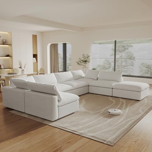 Image of 160 inch Cloud Couch Modular Sectional Sofa for Livingroom,Oversized Convertible Sofa with Storage Ottomans,7 Seat Wide Couches,Cushion Covers Removable,White