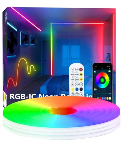 httpsmp 5M RGB+IC Neon Strip Lights, Led Streifen mit APP/Fernbedienung, Musik Sync, 24V IP65 Outdoor Wasserdichte Flexible Leiste