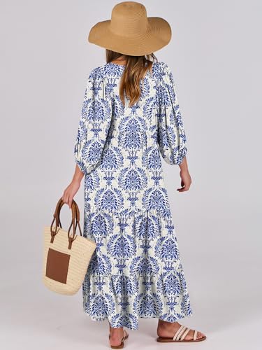 Image of ANRABESS Womens Boho Floral 3 /4 Puff Sleeve Maxi Dress | Tiered Flowy Loose Fit, Comfy Soft Rayon Fabric, Wedding Guest Church Beach, Modest Elegant, Spring Summer Fall Outfits