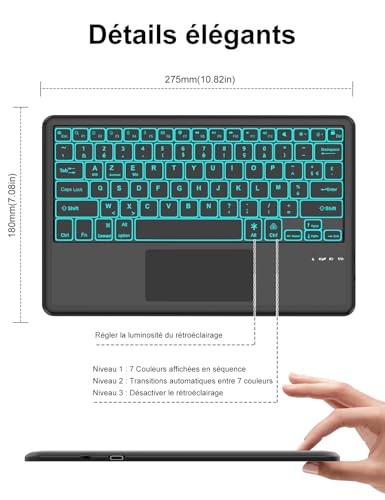 FOGARI French AZERTY Bluetooth Tablet Keyboard 12 Inches with Backlight Touchpad Lightweight Slim Keyboard for iPad Samsung Galaxy Redmi Xiaomi iPad Huawei iPad HonorPad FireHD Black - 4
