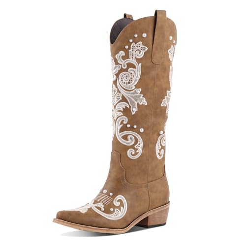 Image of Lace Up Cowboy Boots for Women Embroidered Wide Calf Cowgirl Boots Comfortable Chunky Heel Pointed Toe Trendy Western Shoes for Prom Music Festival