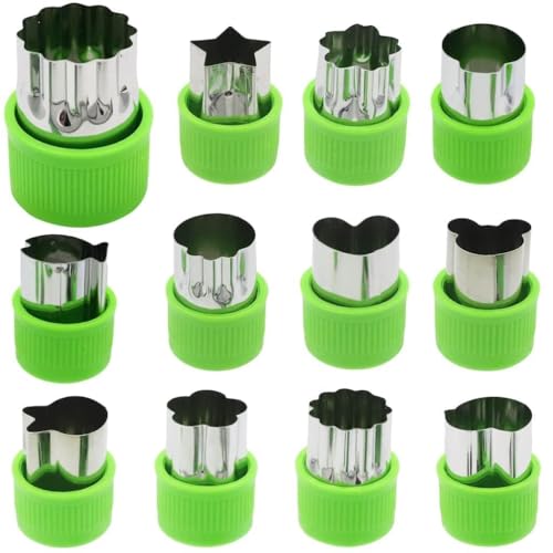 Fruit & Vegetable Cutter Set, Stainless Steel Shape Cutters with Cleaning Brush & Food Picks, Assorted Fruit & Cookie Molds for Kids Lunch Salad Food Decoration (12-Piece Vegetable Cutter Set)
