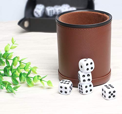 Leather Dice Cup Set Felt Lining Quiet Shaker with 5 Dot Dices for Farkle Yahtzee Games,4 Pack (Brown)