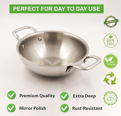 Image of Spillbox Stainless Steel Sandwich Triply Kadhai | Kadai | Wok| Nonstick 3-Layer Body | Steel Cookware | Induction safe | Dishwasher Safe | Food Grade |Heavy |FryPan |Curry |Stirfry |Deepfry (Dia-20cm)