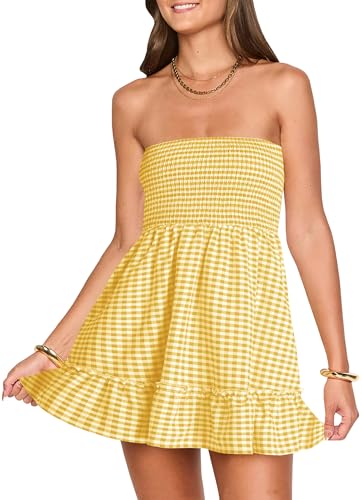 Tube Top Dress for Women Summer Solid Strapless Mini Dresses, Off The Shoudle Ruffle Beach Dress (S,Yellow Plaid)