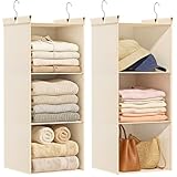 Ofiray-home Pure Cotton Dual Hanging Closet Organizer, 2-Pack 3-Tier Breathable Storage Bags for Wardrobe, RV, Nursery, Small Closets Heavy-Duty Cotton, Natural Beige