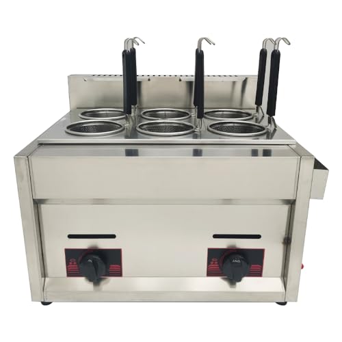 PreAsion LP Gas Commercial Pasta Cooker 6 Holes Noodle Cooking Machine Pasta Makers Boiler Cooker Machine Noodles Table with 6 Basket Stainless Steel Blade Noodle Dumpling Maker with Noodle Filter