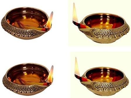 phareLamp Presents Handmade Indian Puja Brass Oil Lamp Deepak Engraved Design Diya - 3 Inch (Set of 4) (Height: 1.2 Inch) #A093