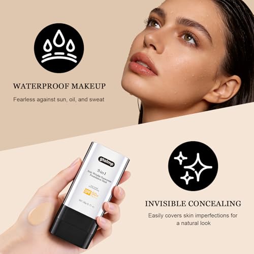 Generic Foundation Stick with Brush, SPF 50, Hydrating Anti Wrinkle Non-Sticky Matte Finish Sun Protection for Face and Body, Long-lasting Travel Size Korean Skin Care Sun Stick (Medium, 0.71oz)