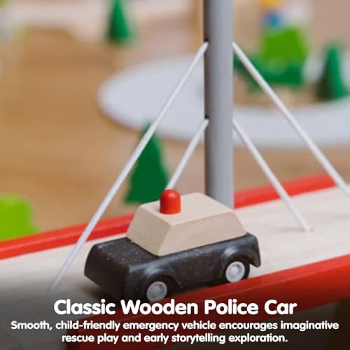 Image of PlanToys Police Car Wooden Montessori Vehicle Kids Indoor Outdoor Play Toy | rolling wheels, police car toy, girls, boys, imaginative early movement, practical life fine motor gift preschool learning