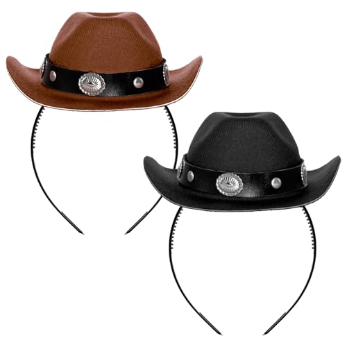Haakong 2 Pcs Cowboy Hat Cowgirl Mini Hat Headbands for Women Halloween Birthday Party Favor (US, Alpha, Small, Black and Brown)