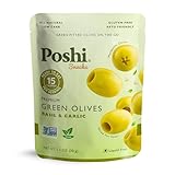 Poshi Green Pitted Olives | Basil & Garlic | Vegan, Kosher, Gluten Free + Keto Friendly, Fresh, Low Calorie Healthy Snacks | (30 Pack, 1.1oz Bags)