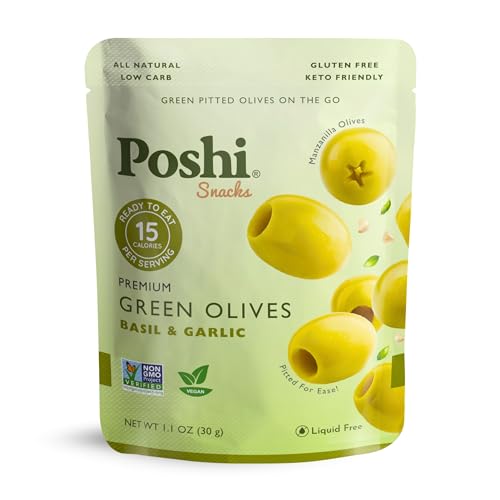 Image of POSHI Green Pitted Olive Snack Packs, Basil & Garlic, 1.1 oz (Pack of 30)