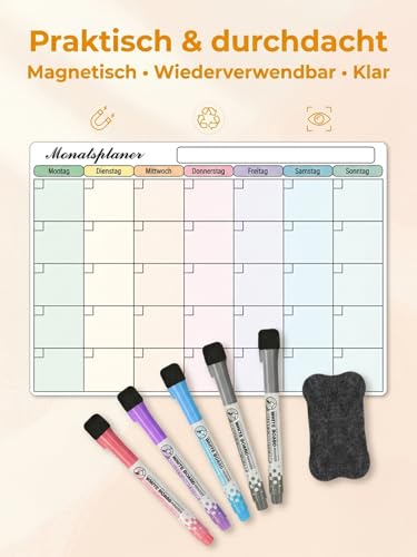 SONNELD Magnetischer Wochenplaner Abwischbar – Whiteboard Magnettafel für Kühlschrank mit 5 Stifts, Familienplaner Essensplaner Putzplan To-Do Liste, 42x30cm