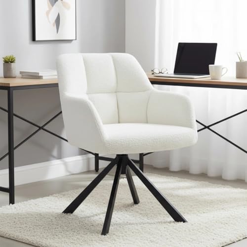 Image of Finch Fox Battle Modern 360 Swivel Mid-Back Arm Boucle Fabric Study Upholstered Comfortable Metal Base Computer Office Desk Chair in White Color